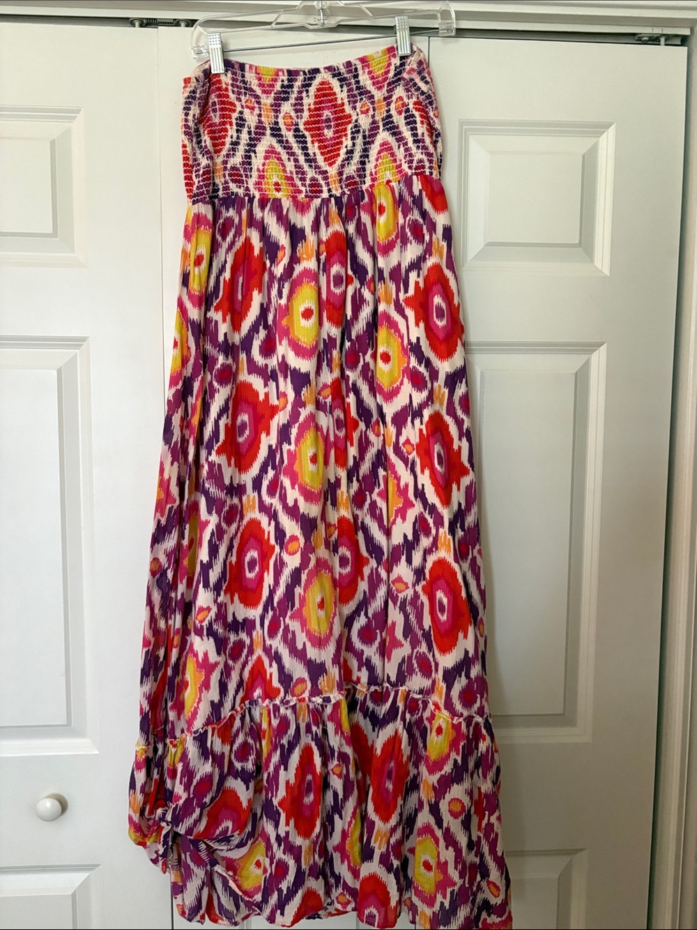 Old Navy Smocked Strapless Maxi in Pink, Purple & Red Ikat